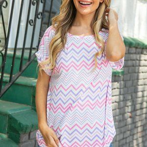 Lavender & Peach Chevron Rib Capped Sleeve Top Large NWOT